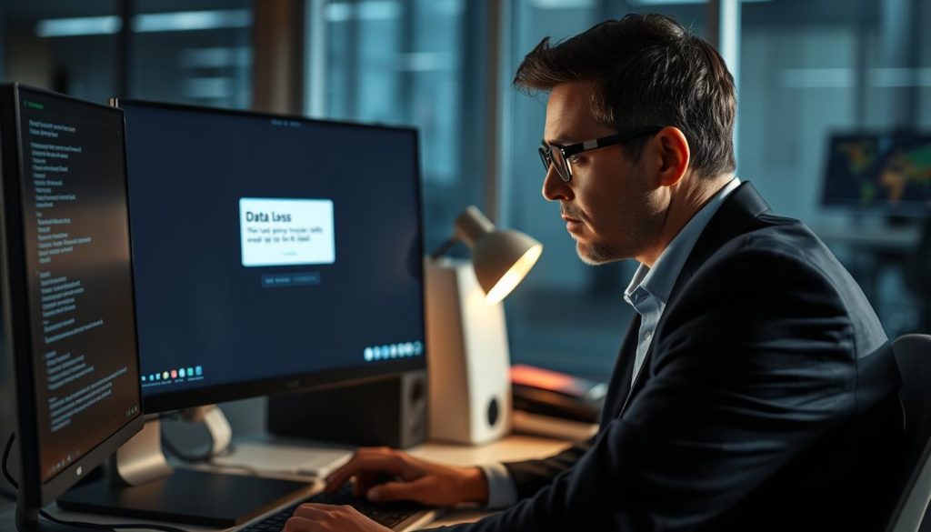 Business owner looking concerned at computer showing data loss warning, illustrating the critical need for disaster recovery plan vs backup solutions
