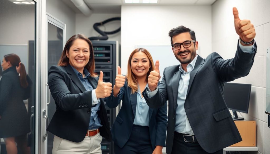 Business team celebrating successful disaster recovery test with thumbs up around server room Business team celebrating successful disaster recovery test with thumbs up around server room