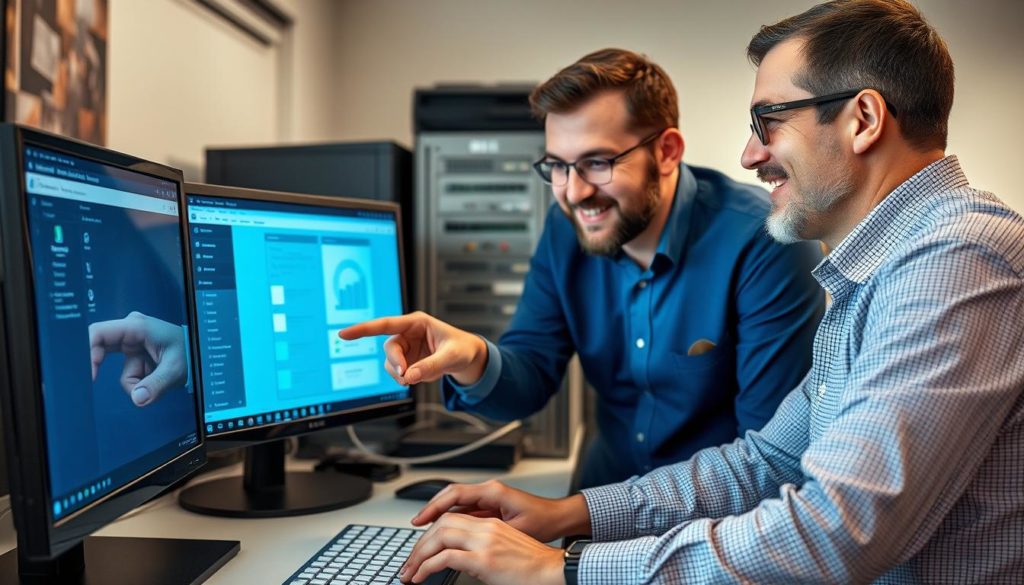 IT consultant helping small business owner implement disaster recovery plan on computer systems IT consultant helping small business owner implement disaster recovery plan on computer systems