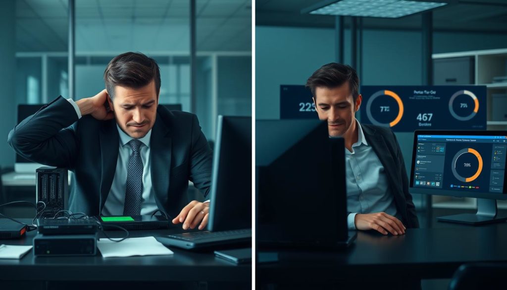 IT professional successfully restoring systems using automated disaster recovery plan while manual backup restoration shows delays IT professional successfully restoring systems using automated disaster recovery plan while manual backup restoration shows delays