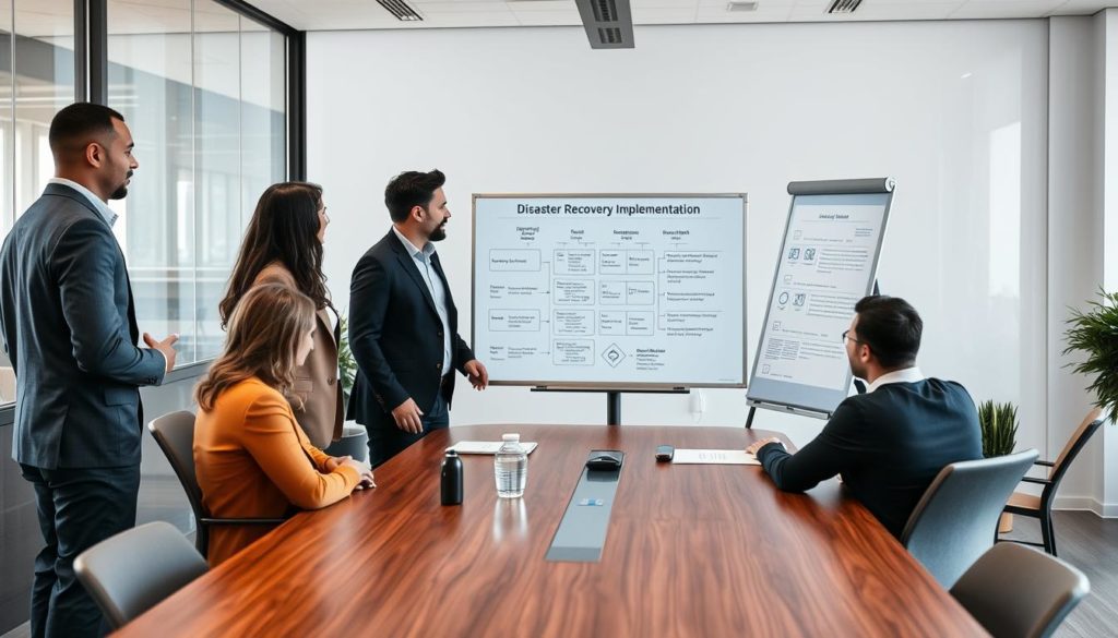 Team meeting discussing disaster recovery plan implementation with whiteboard showing strategy Team meeting discussing disaster recovery plan implementation with whiteboard showing strategy